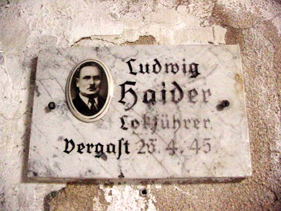 Sign inside Mauthausen gas chamber says that Ludwig Haider was gassed on April 26, 1945