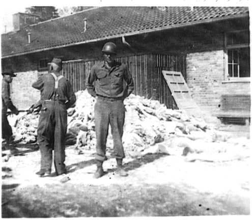Pile of bodies at the crematorium the day after Dachau was liberated