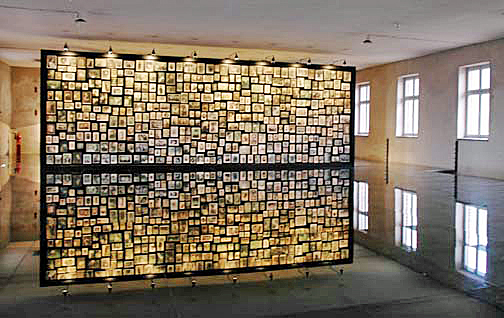 Photos displayed in the Sauna building at Auschwitz-Birkenau