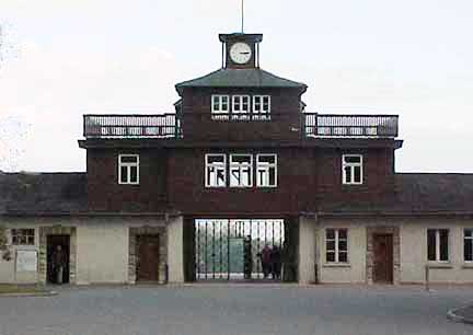 The Buchenwald gate house with the clock stopped at 3:15 p.m.